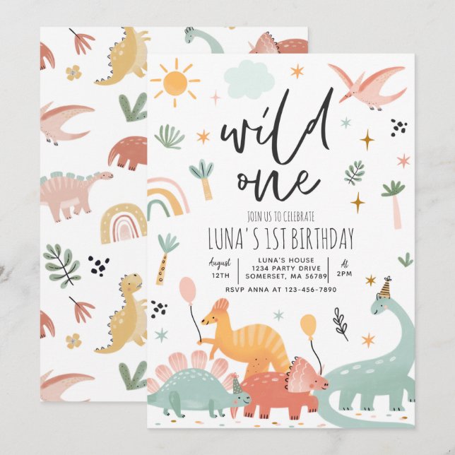 Dinosaur Wild One 1st Birthday Party Invitation (Front/Back)
