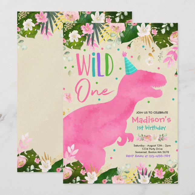 Dinosaur Wild One Birthday Pink Dinosaur Birthday Invitation (Front/Back)