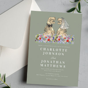 Dinosaur Wildflower Boho Sage Green Wedding Invitation