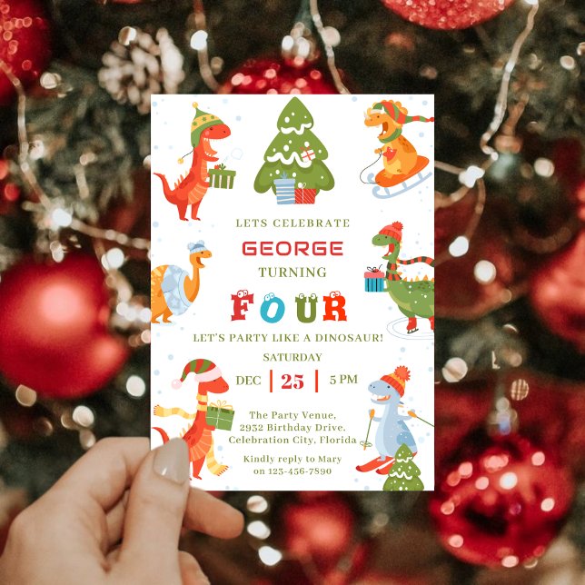Dinosaur Winter Holiday Christmas Birthday Party Invitation (Creator Uploaded)