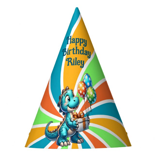 Dinosaur with Balloons Personalised Birthday Party Hat (Front)