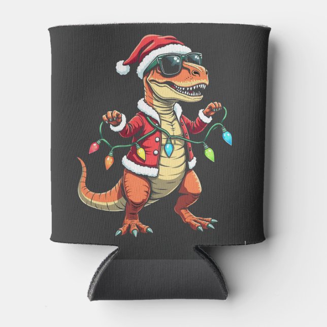 Dinosaur Wrapped with Christmas Lights Santa Hat  Can Cooler (Front)