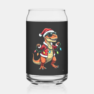 Dinosaur Wrapped with Christmas Lights Santa Hat Can Glass