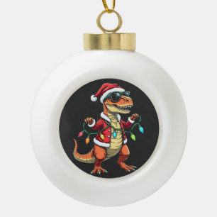 Dinosaur Wrapped with Christmas Lights Santa Hat Ceramic Ball Christmas Ornament