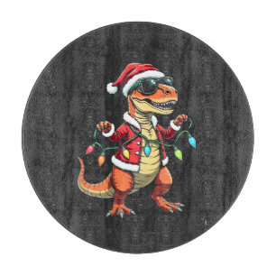 Dinosaur Wrapped with Christmas Lights Santa Hat Cutting Board