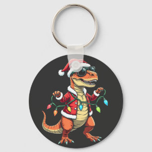 Dinosaur Wrapped with Christmas Lights Santa Hat Key Ring