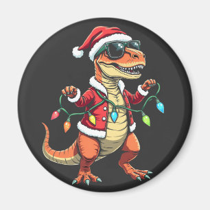 Dinosaur Wrapped with Christmas Lights Santa Hat Magnet