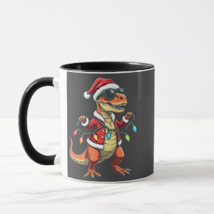 Dinosaur Wrapped with Christmas Lights Santa Hat Mug