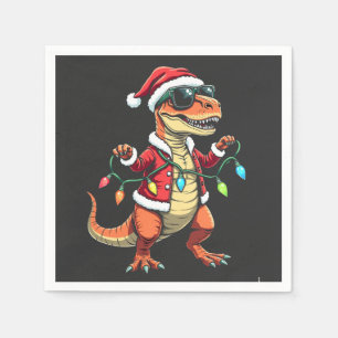 Dinosaur Wrapped with Christmas Lights Santa Hat Napkin