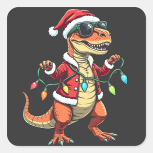 Dinosaur Wrapped with Christmas Lights Santa Hat Square Sticker