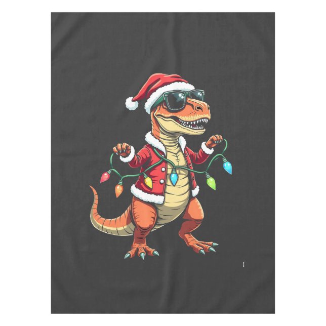 Dinosaur Wrapped with Christmas Lights Santa Hat  Tablecloth (Front)