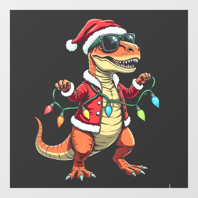 Dinosaur Wrapped with Christmas Lights Santa Hat  Window Cling (Sheet)