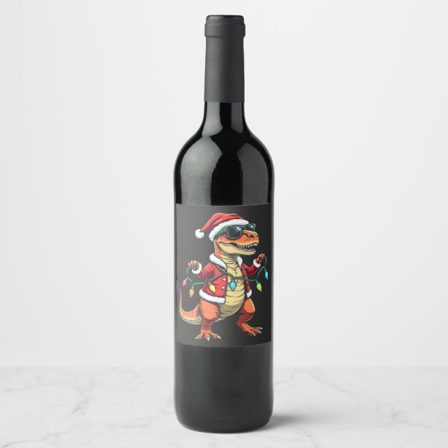 Dinosaur Wrapped with Christmas Lights Santa Hat  Wine Label (Front)