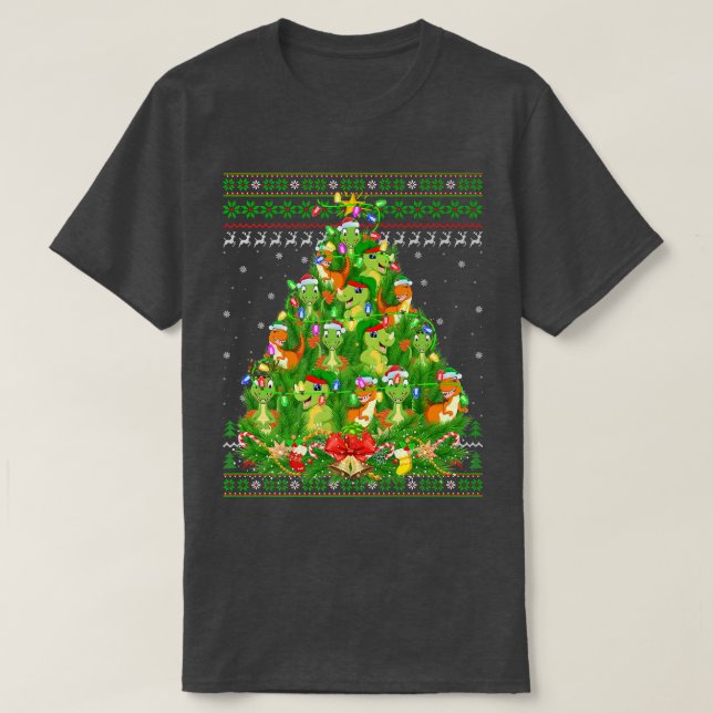 Dinosaur Xmas Lighting Tree Santa Dinosaur Ugly Ch T-Shirt (Design Front)