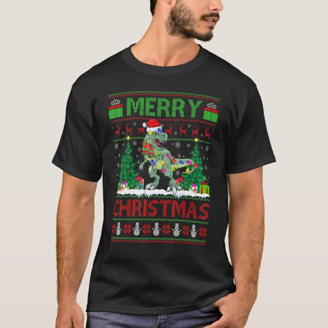 Dinosaur   Xmas Tree Light Ugly Santa Dinosaur Chr T-Shirt (Front)