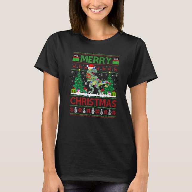Dinosaur  Xmas Tree Light Ugly Santa Dinosaur Chri T-Shirt (Front)