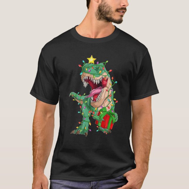 Dinosaur Xmas Tree Lights Tree Rex Christmas Pajam T-Shirt (Front)