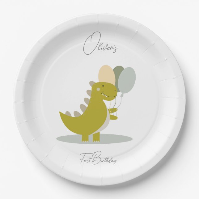 Dinosaur Yellow Green Grey First Birthday Paper Plate (Front)