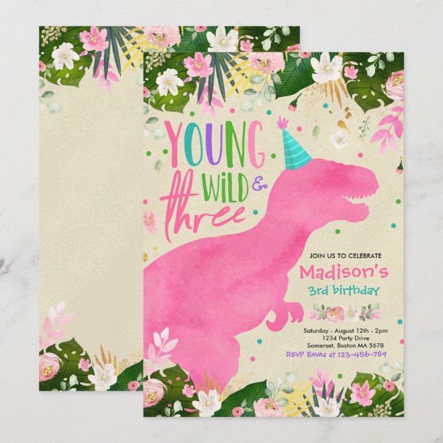 Dinosaur Young Wild And Free Dinosaur Birthday Invitation (Front/Back)
