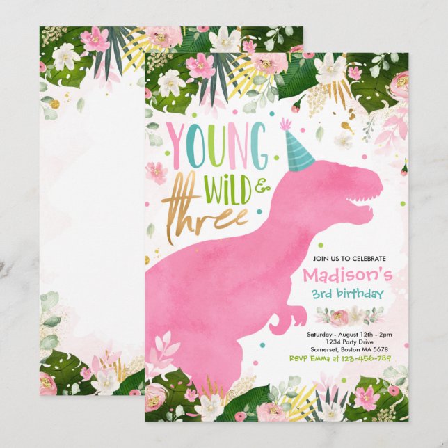 Dinosaur Young Wild And Free Dinosaur Birthday Invitation (Front/Back)