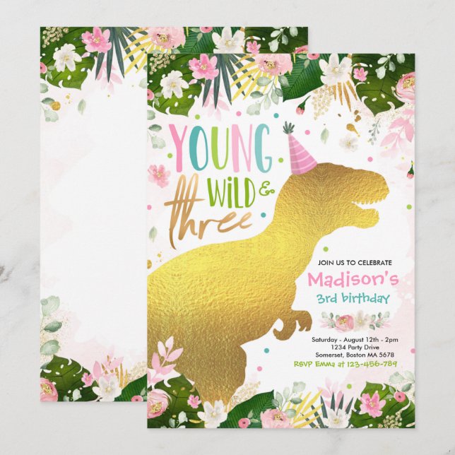 Dinosaur Young Wild And Free Dinosaur Birthday Invitation (Front/Back)