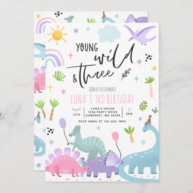 Dinosaur Young Wild And Three 3rd Birthday Party Invitation (Front/Back)