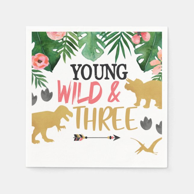 Dinosaur Young Wild Three Third Birthday Napkins (Front)