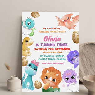 Dinosaurs 3rd Girl Birthday Party Invitation