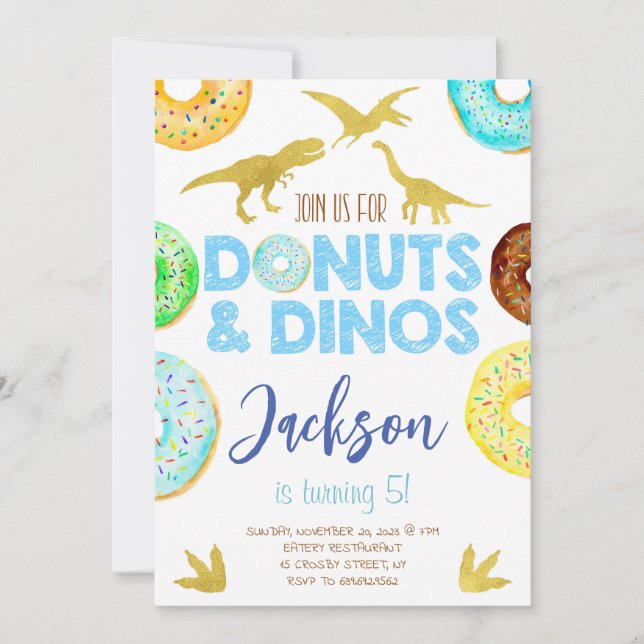 Dinosaurs and Doughnuts Boy Birthday Party Invitation (Front)