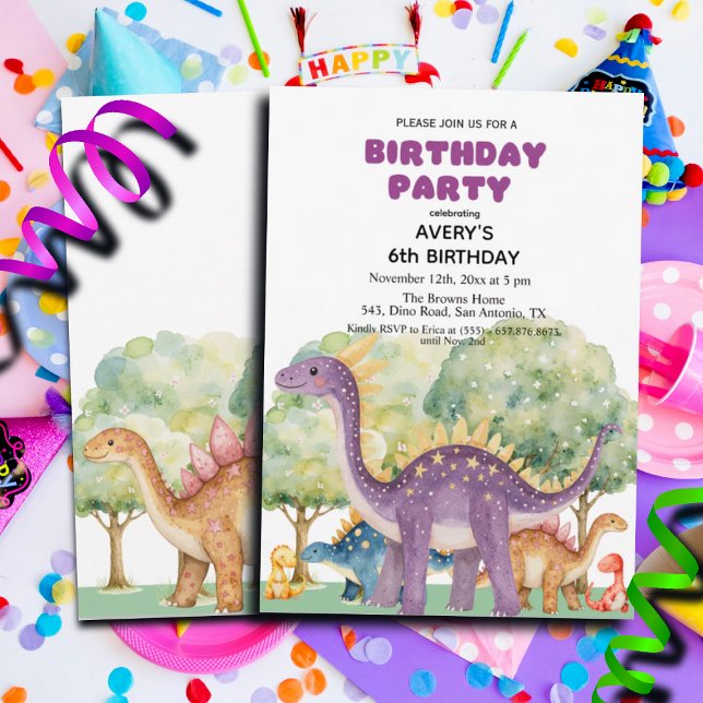 Dinosaurs and Trees Colourful 6th Birthday Party Invitation (Creator Uploaded)