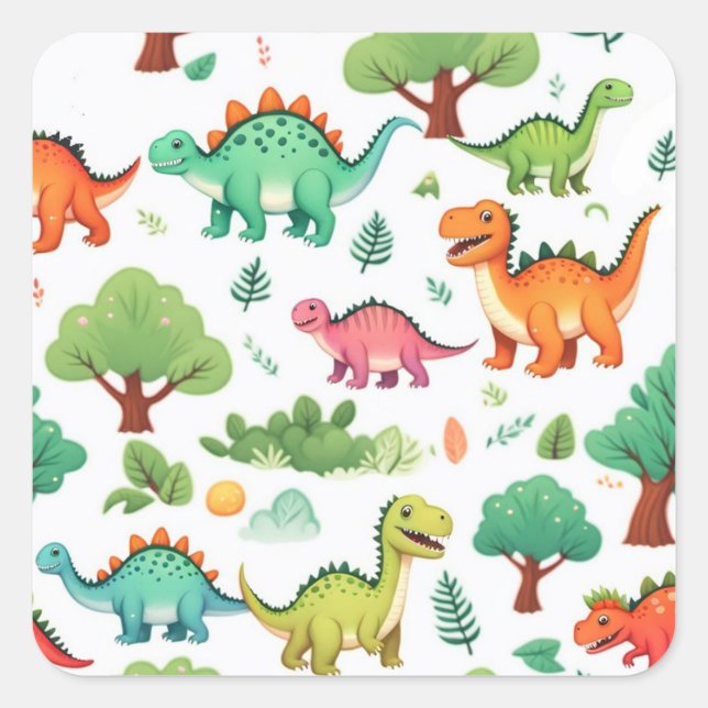 Dinosaurs and trees pattern white square sticker (Front)