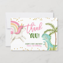 Dinosaurs and Unicorns Birthday Thank You Card