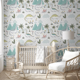 Dinosaurs and Volcanos Baby Nursery Wallpaper