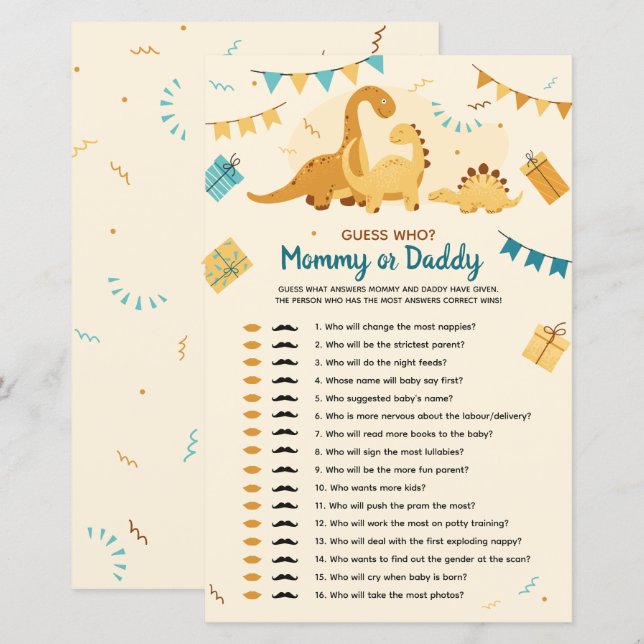 Dinosaurs Baby Shower Guess Who Mummy or Daddy (Front/Back)