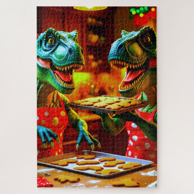 Dinosaurs baking gingerbread cookies jigsaw puzzle (Vertical)