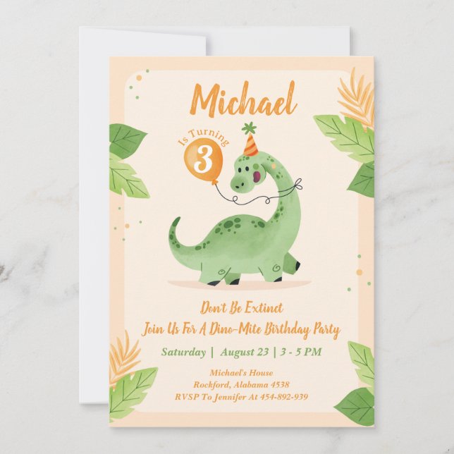 Dinosaurs Birthday Party Invitation | Dino Party (Front)