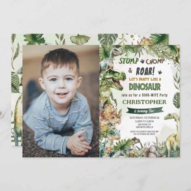 Dinosaurs Birthday Party Stomp Chomp Roar Photo Invitation (Front/Back)
