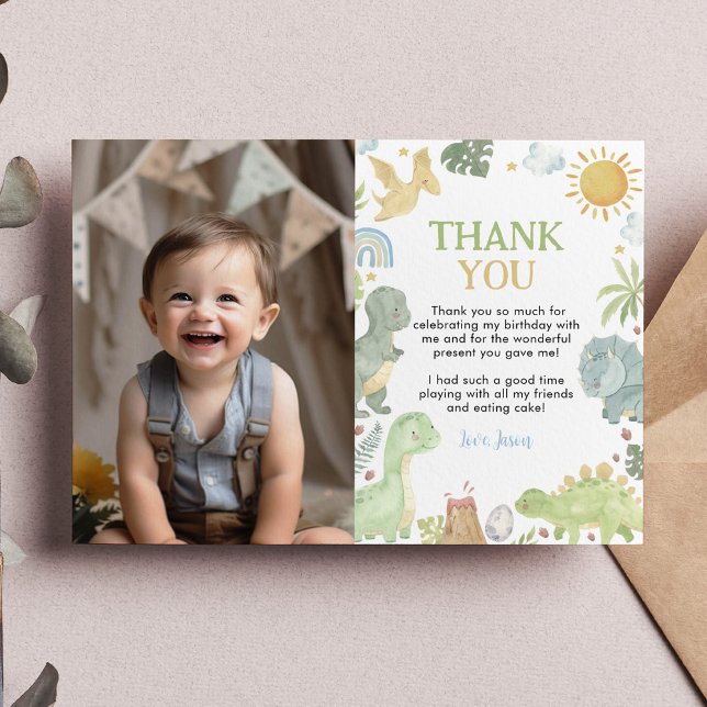Dinosaurs Birthday Photo Thank You Card (Creator Uploaded)