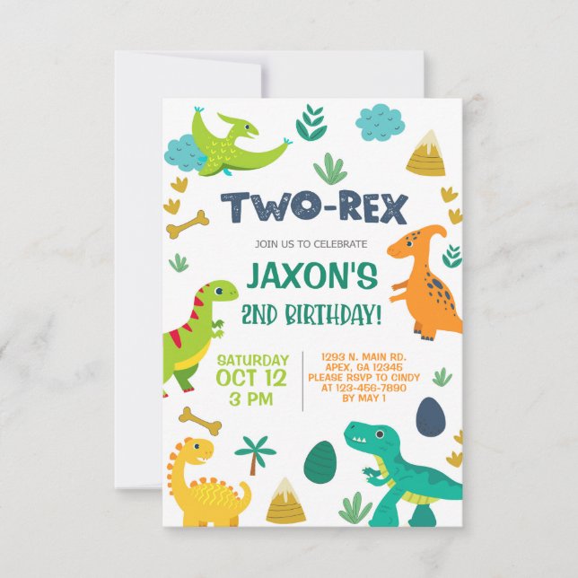 Dinosaurs boy TWO-REX 2nd birthday invitation. Invitation (Front)