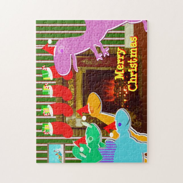 Dinosaurs by the Fireplace Merry Christmas Puzzle (Vertical)