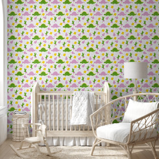 Dinosaurs, Cacti, and Pink Flowers Wallpaper