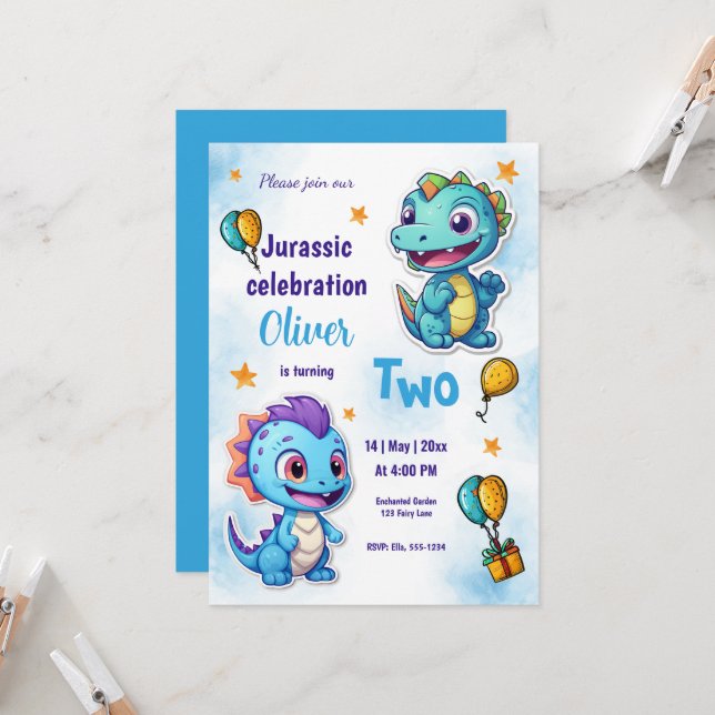 Dinosaurs Cartoon Blue Birthday Celebration Invitation (Front/Back In Situ)