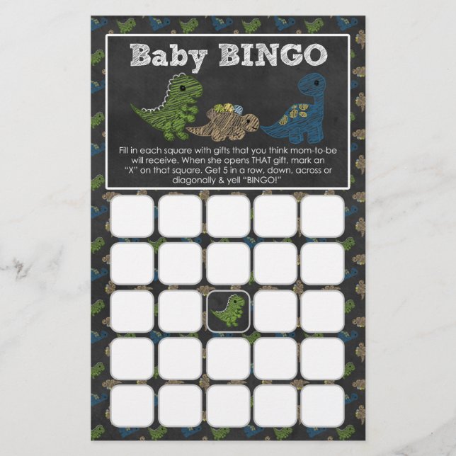 Dinosaurs Chalkboard Baby Shower Game BINGO Cards (Front)
