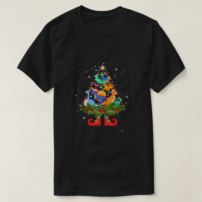 Dinosaurs Christmas Tree Lights Cute Santa Hat Lov T-Shirt (Design Front)