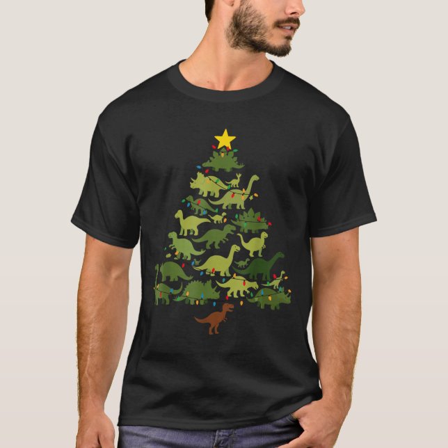 Dinosaurs Christmas Tree Merry Dinomas Funny Famil T-Shirt (Front)