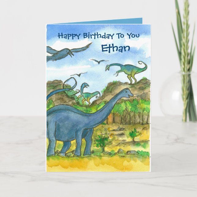 Dinosaurs Custom Name Happy Birthday Card (Front)