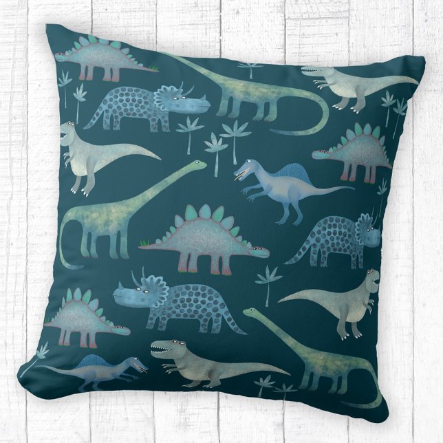 Dinosaurs Dark Green Cushion (Fun dinosaur pattern teal green throw pillow)