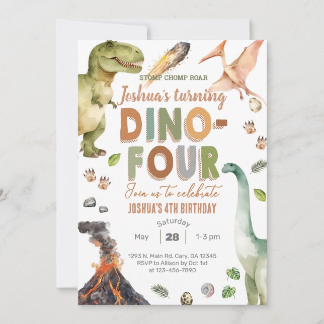Dinosaurs Dino-Four 4th birthday invite. Invitation (Front)