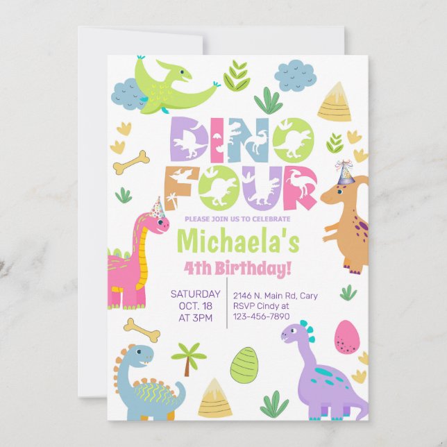 Dinosaurs dino-four girl 4th birthday invitation. invitation (Front)