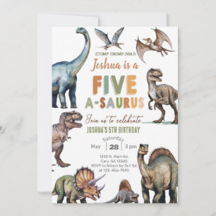 Dinosaurs Five A-Saurus boy 5th birthday invite. Invitation